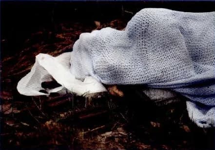 A person lying on the ground outdoors, covered by a blanket.