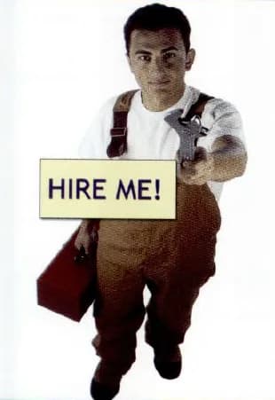A young workman in overalls holding a wrench and a sign that says “HIRE ME!”.