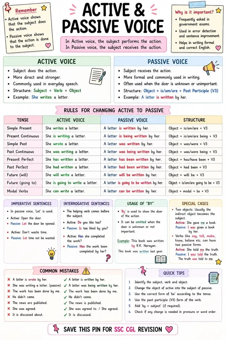 Afiș Active and Passive Voice, cu regulile de trecere de la activ la pasiv, pe timpuri, și greșelile frecvente