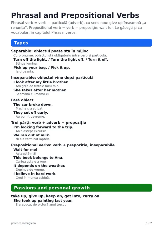 Prima pagină a fișei Phrasal and Prepositional Verbs