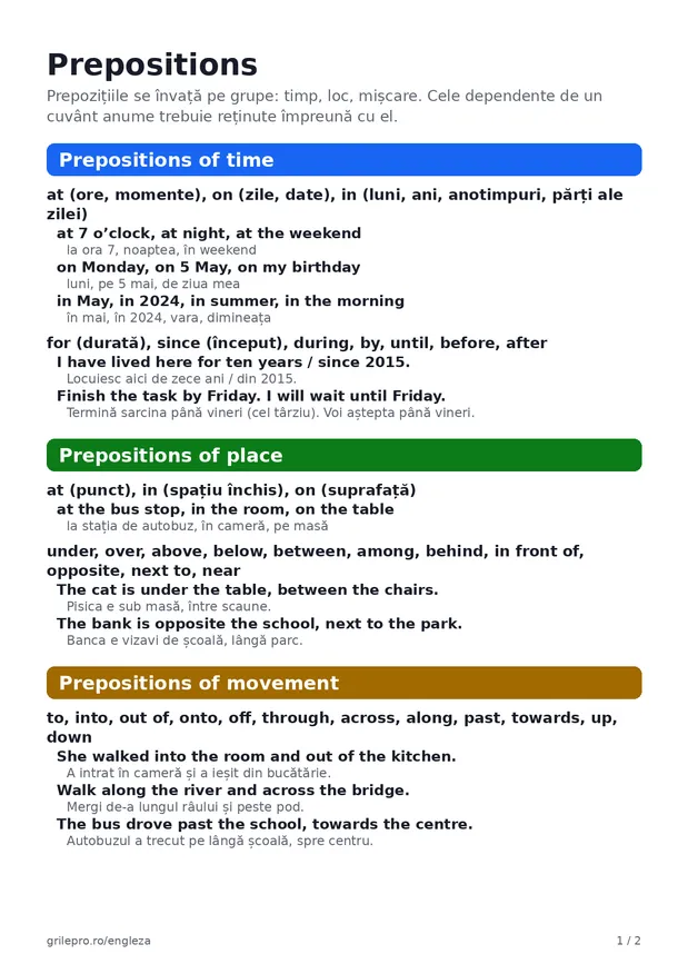 Prima pagină a fișei Prepositions