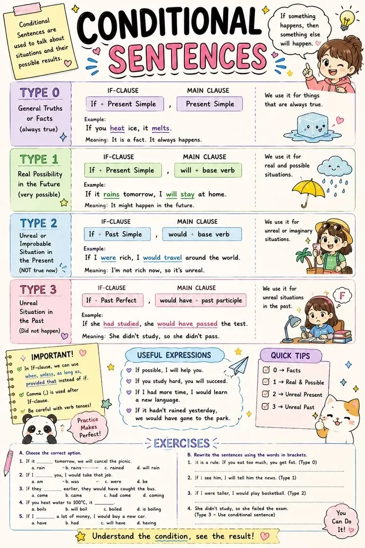 Afiș Conditional Sentences, cu tipurile 0, 1, 2 și 3, expresii utile, sfaturi rapide și exerciții